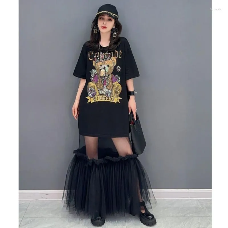 Casual Jurken Vrouwen Boren Diamanten Cartoon Borduren Mesh Jurk Ruches Strass Kralen T-Shirts Gaas Spliced Tees Vestidos