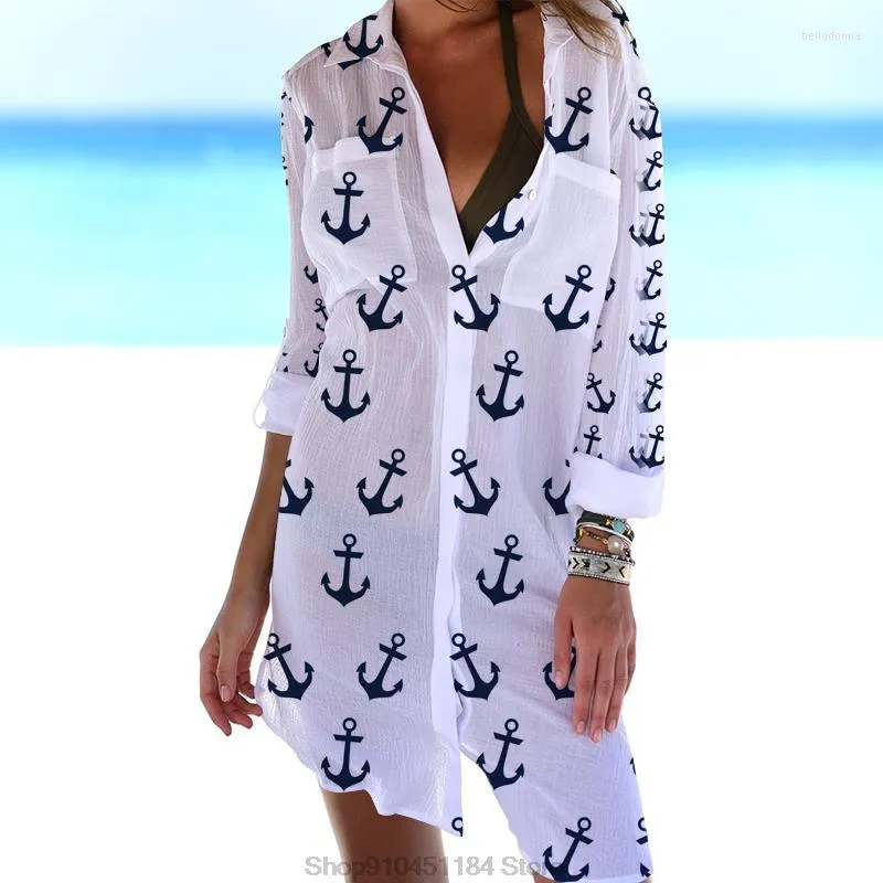 Women's Blouses Boat Anchor Print Sexy Button Up Pocket Tops Long Sleeve Turn Down Collar Beach Sunscreen Blouse Summer Loose Shirt