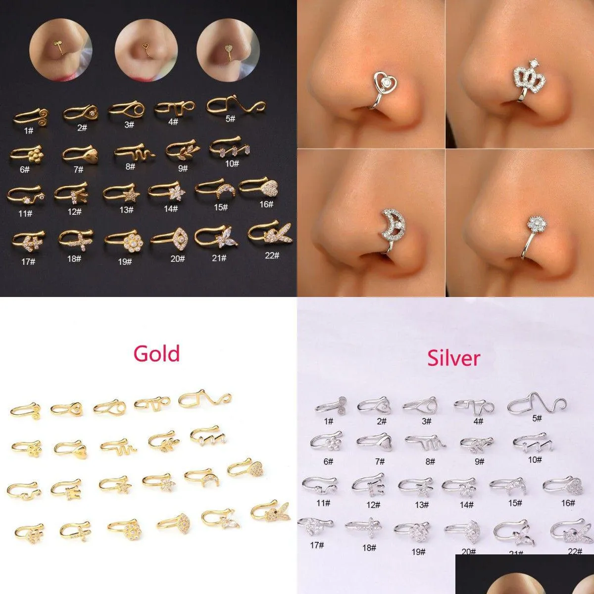 Naso Anelli Studs Y Rame Falso Piercing Anello Cuore Stella Corona Clip On Ear Cuff Orecchino Per Donna Ragazza Regalo Gioielli per il corpo Drop Delive Dh7Eh