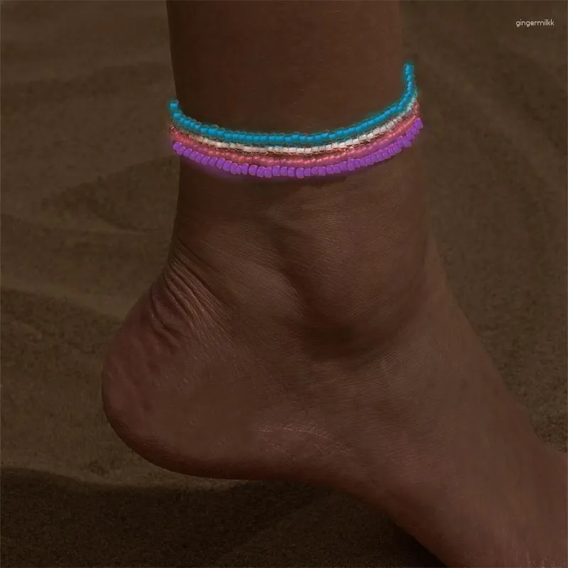 Tornozeleiras 4 pçs/conjunto Bohemian Luminous Colorful Beads For Women Glow Bead Summer Beach Handmade Tornozelom Bracelet Foot Leg Chain