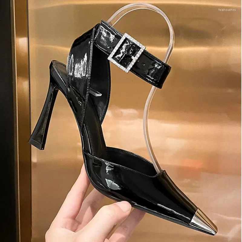 Sandals Black 192 Stilettos Sexy Pointed Pumps Color Matching Women Ankle Buckle Zapatillas Fashion Party High Heels