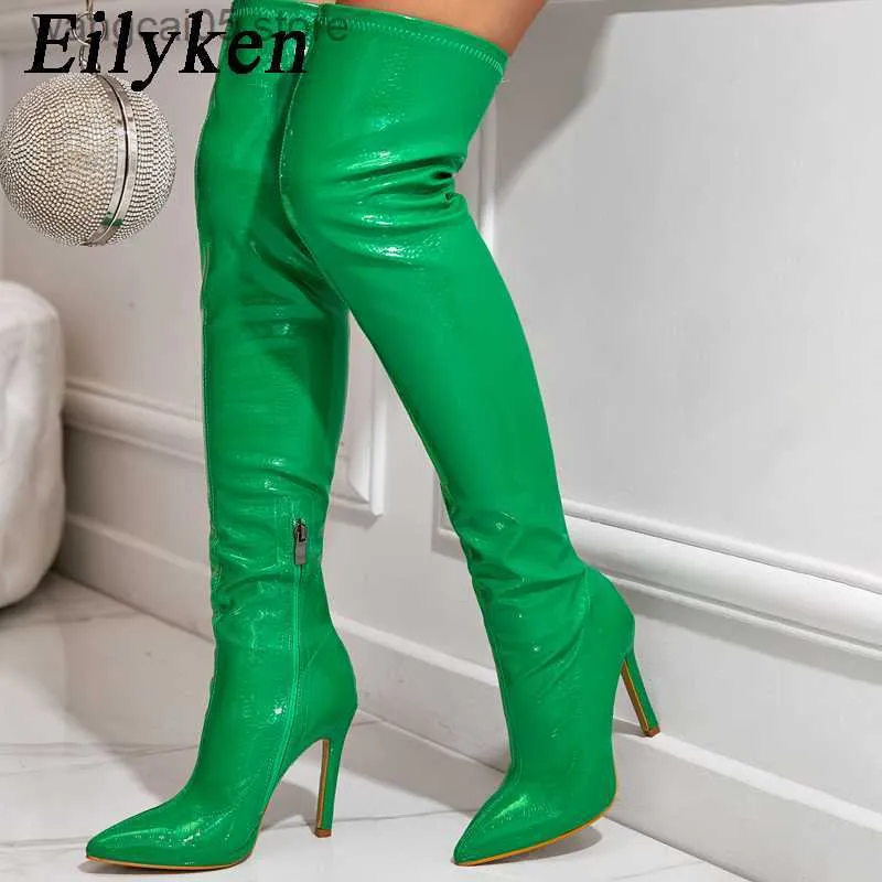 Laarzen Eilyken Green Snake Patroon Vrouwen Over-de-Knie Laarzen Sexy Stripper Winter Herfst Lakleer Puntschoen hoge Hak Schoenen T230713