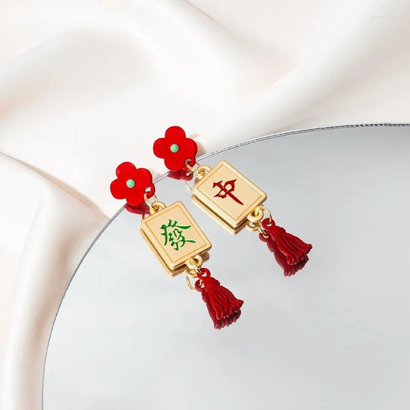 Boucles d'oreilles pendantes Mahjong boucle d'oreille femmes rétro pour femme luxe mode rouge année fête bijoux couleur or en alliage de Zinc Oorbellen