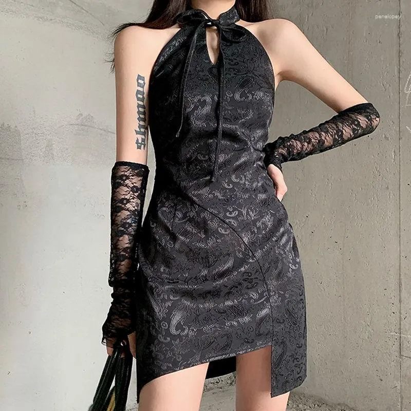 Abiti casual Abito estivo da donna Retro Jacquard Hollow Cheongsam Collo corto appeso Slim Fit Wrap Hip senza maniche Maniche in pizzo