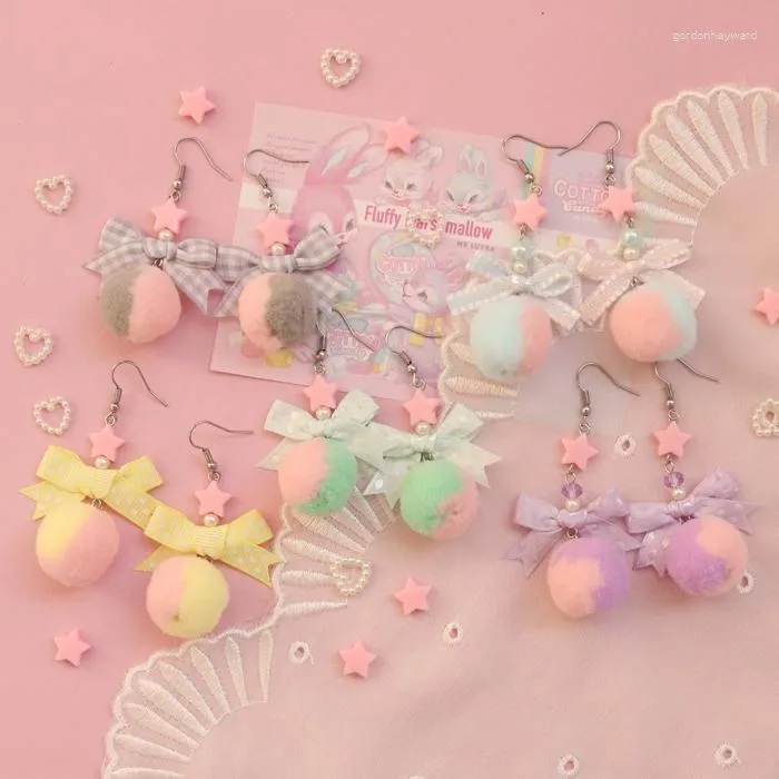 Dangle Earrings Cute Macaron Color Bow Star Two-color Hair Ball Harajuku Lace Lolita Ear Clip