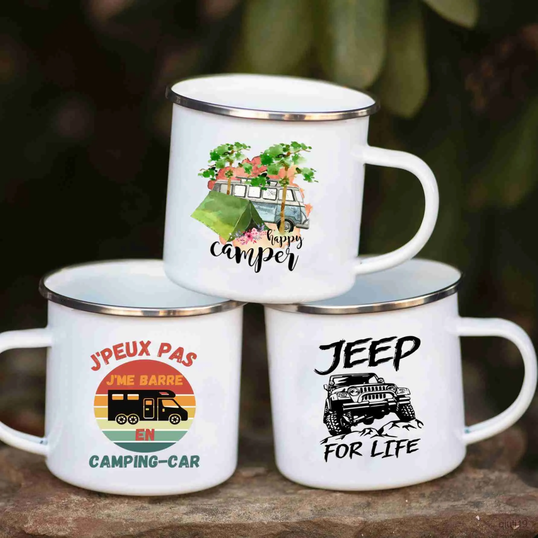 Muggar Camping Car Emamel Mug Adventure Together Cup Gift Idea för Camper Van Picnic Metal isolerande utanför utomhusfestival Travel R230713