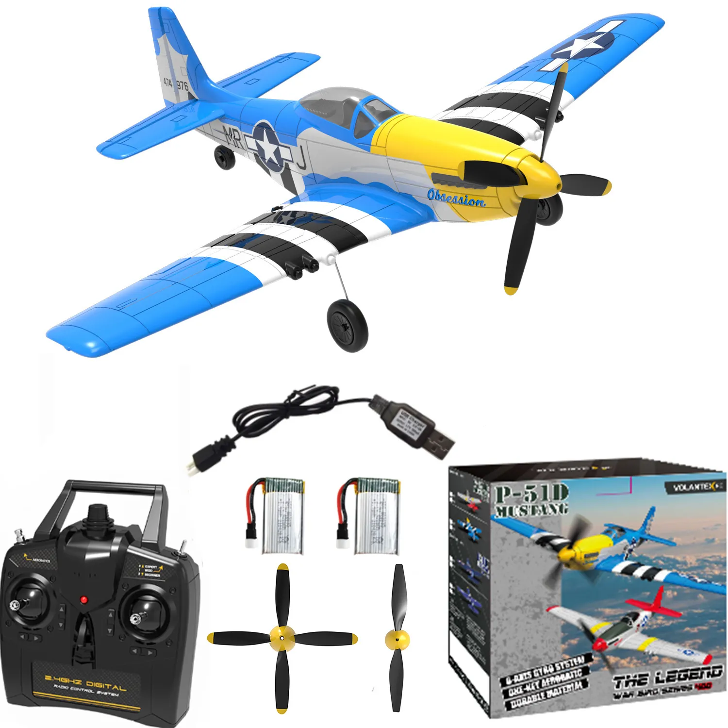 كهربائي/RC Aircraft Volantex Blue P51D Mustang Aircraft 2.4g 4-channel التحكم عن بُعد مع نظام استقرار Xpilot واحد STUNT 761-5 230712