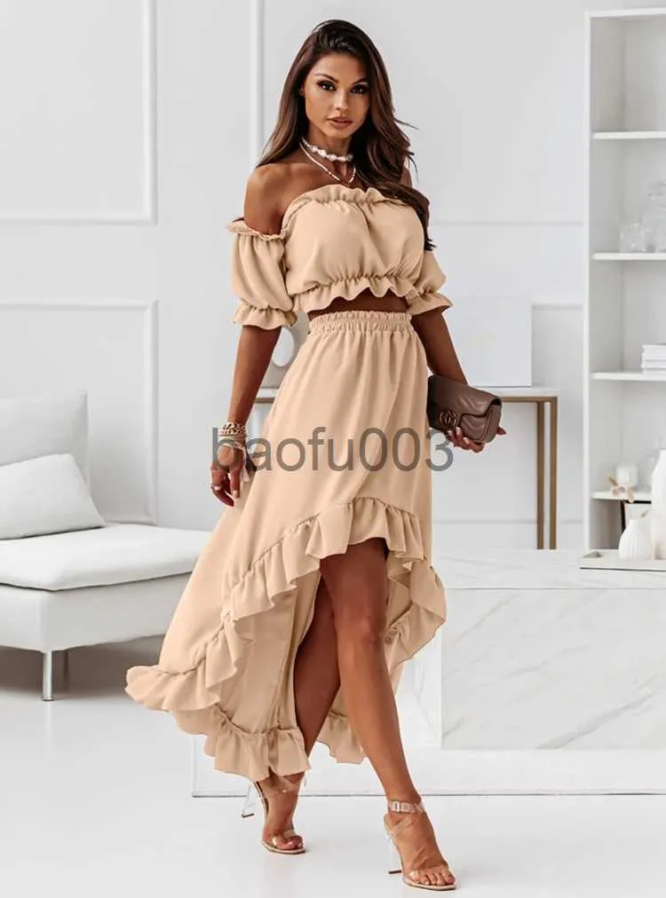 Women's Two Piece Pants Dome Cameras Ruffles Summer Dress Set Two Piece Off Shoulder Slash Neck Short Sleeve Crop Top Irregular Long Skirt Set J230713