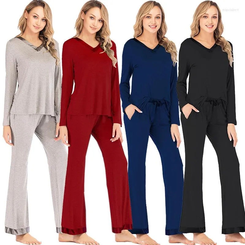 Pijamas femininos macios conjuntos de pijama modal para mulheres de manga comprida macacão solto confortável roupa de dormir roupas para casa pijama sexy com decote em V pijama