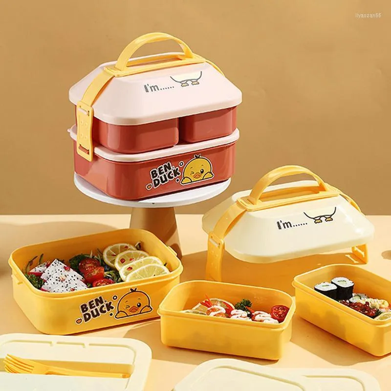 Geschirr-Sets Kawaii tragbare Lunchbox für Kinder Schulkinder Picknick Bento Mikrowelle mit Fächern Aufbewahrungsbehältern