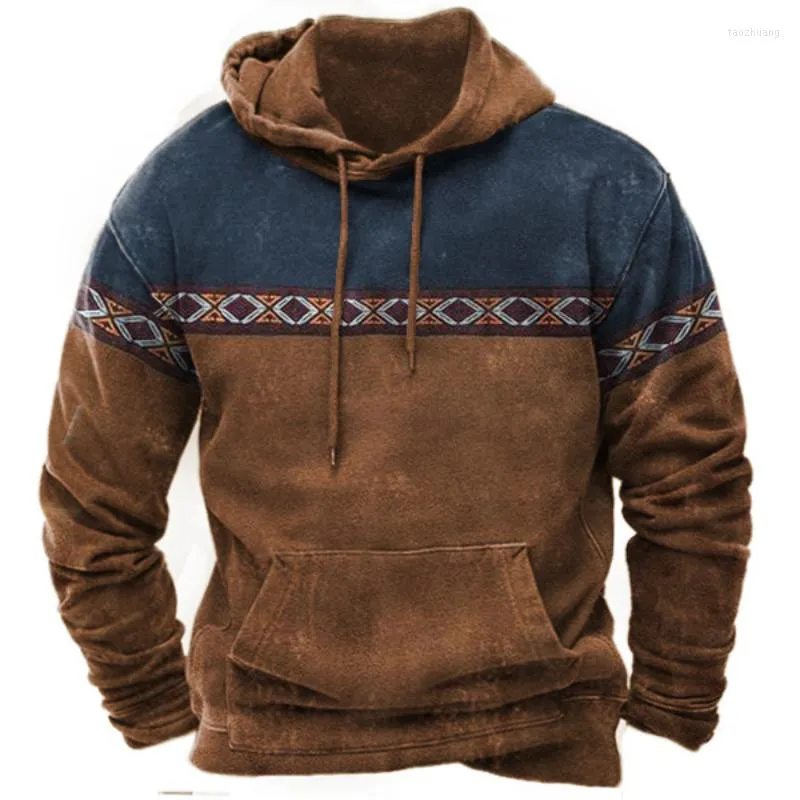 Herrtröjor vintage etnisk tryckt vinter casual huvtröja mode western cowboy överdimensionerade män streetwear hoodie