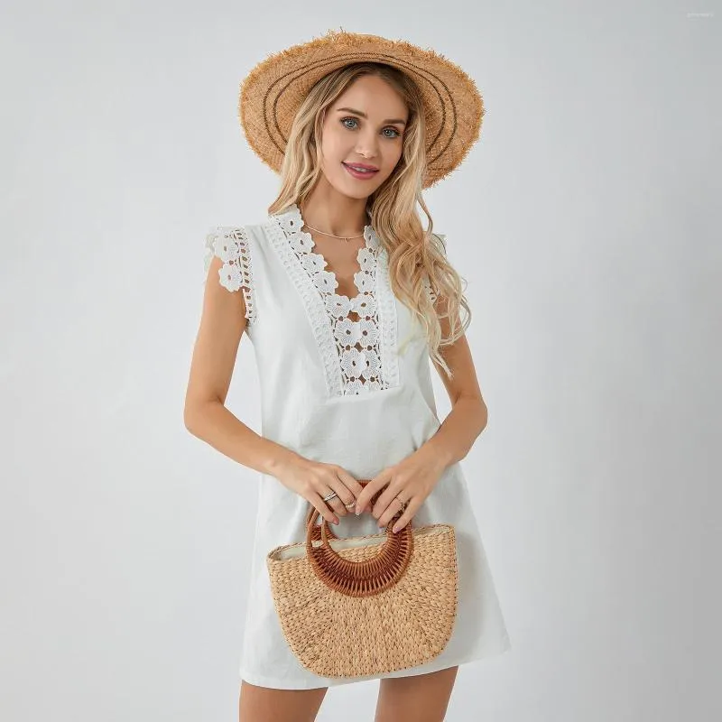 Abiti casual Puloru Summer Women Abito senza maniche con canotta Ritaglio Pizzo Floreale Crochet Maniche con scollo a V Mini A-Line Vacanza al mare