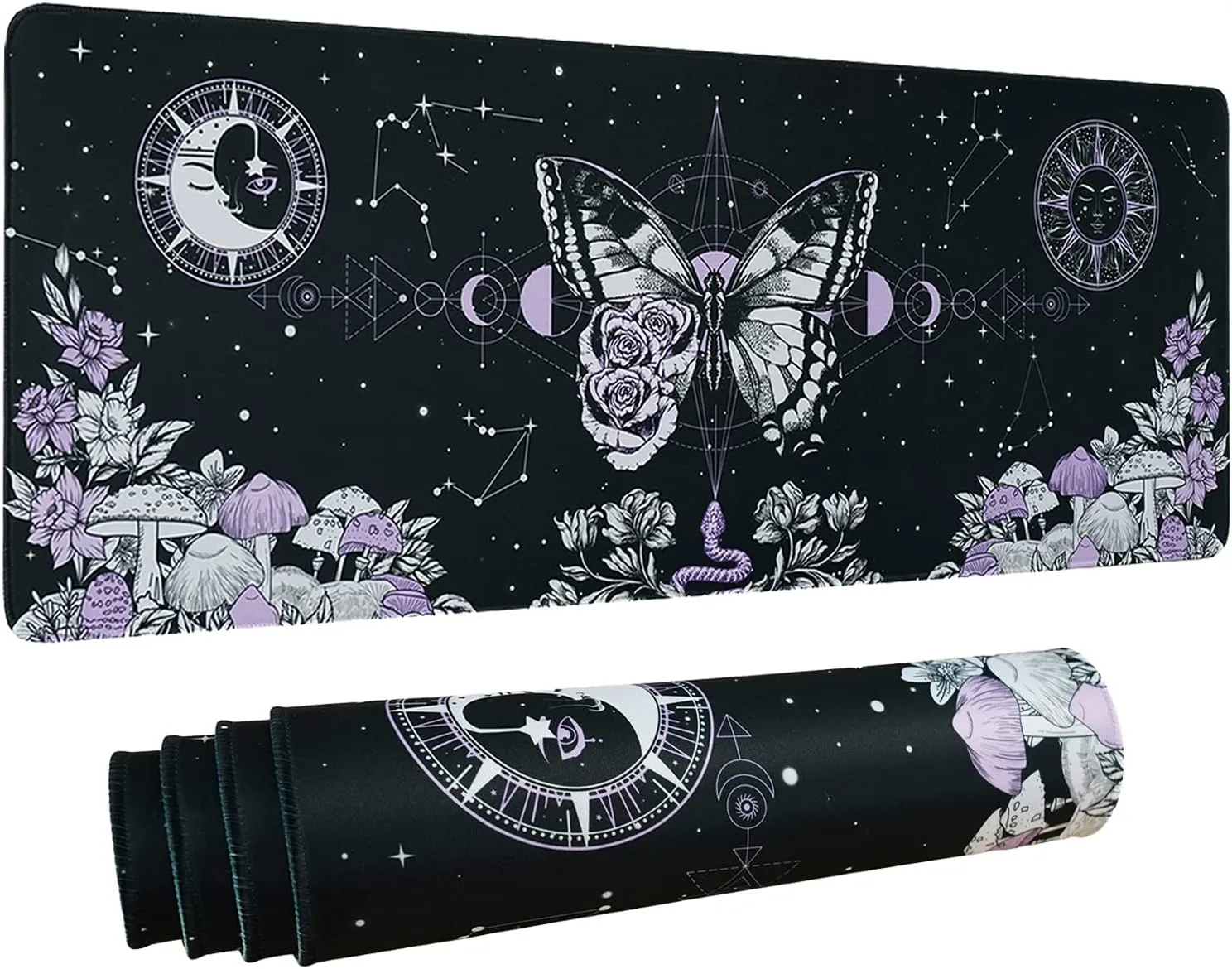 Ästhetisches Schmetterlings-Gothic-Gaming-Mauspad XL Trippy Mushroom Moon Galaxy Mousepad Schwarz Lila Lang Großer Schreibtisch 31,5 x 11,8 Zoll