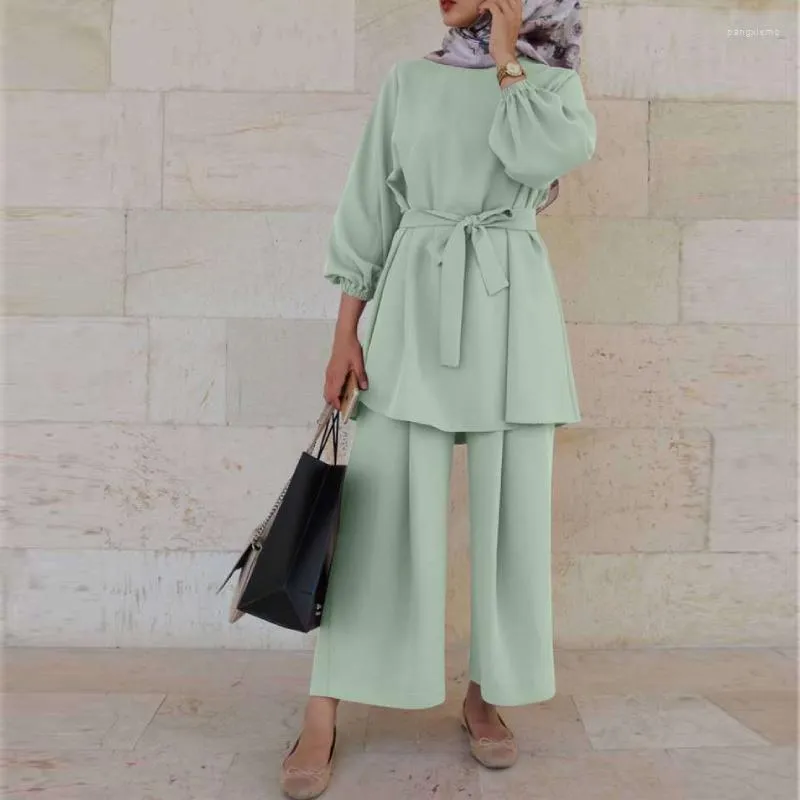 Abbigliamento etnico Donna Set musulmano Eid Turchia Set 2 pezzi Caftano Caftani Islamico per donna Dubai Solid Musulman Top Pantaloni