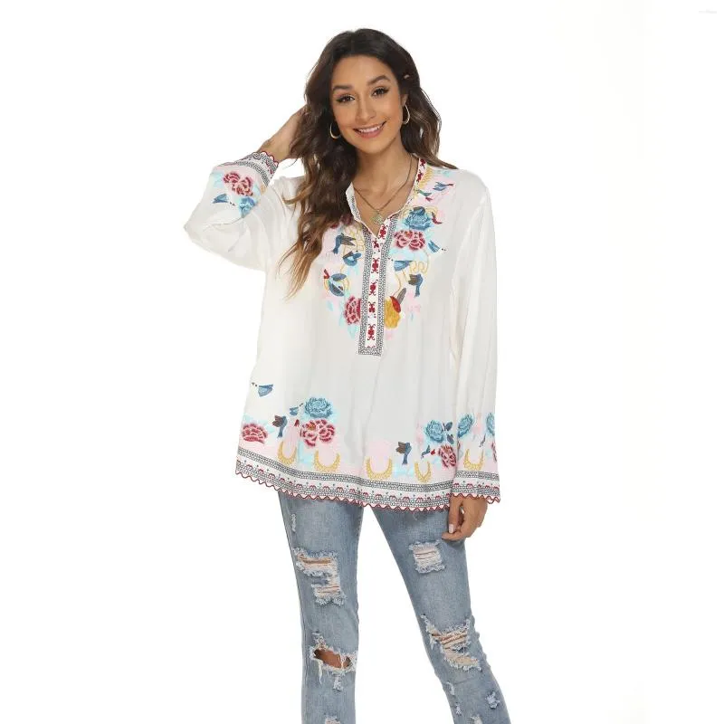 Vrouwen Blouses Eaeovni Plus Size Flowy Hippie Geborduurd Shirt Geborduurde Mexicaanse Boeren T Shirts Lange Mouw