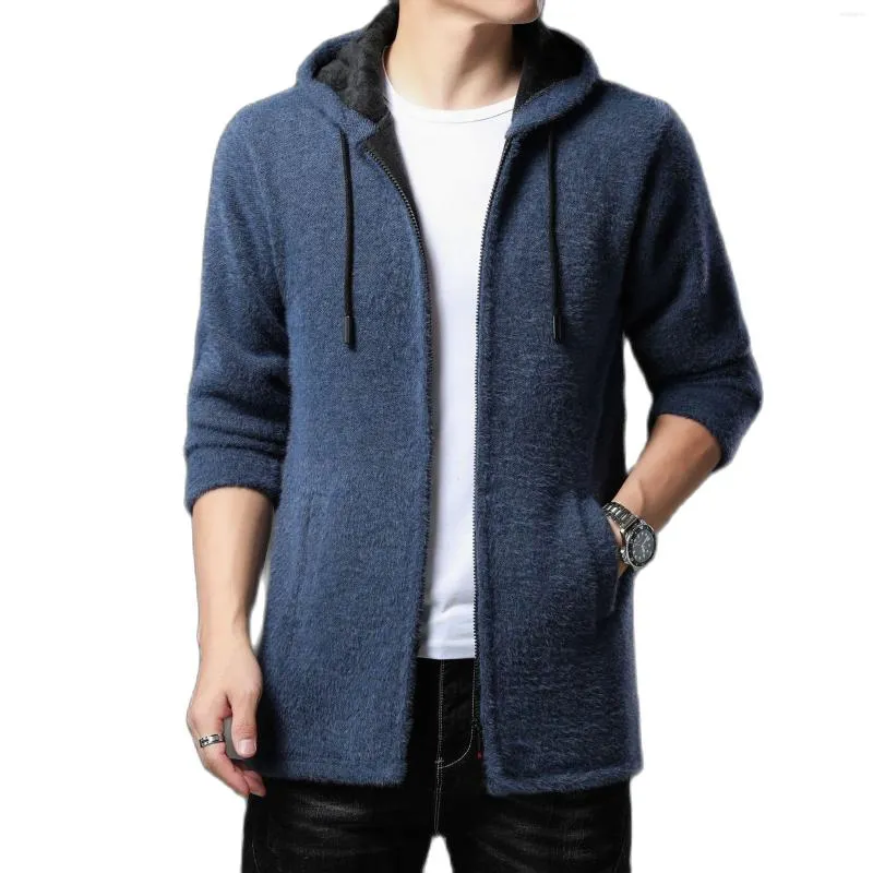 Men's Trench Coats Autumn/Winter Korean Style Casual Fashion Faux Mink Fleece Windbreaker Solid Cardigan Mid-length Hooded Male