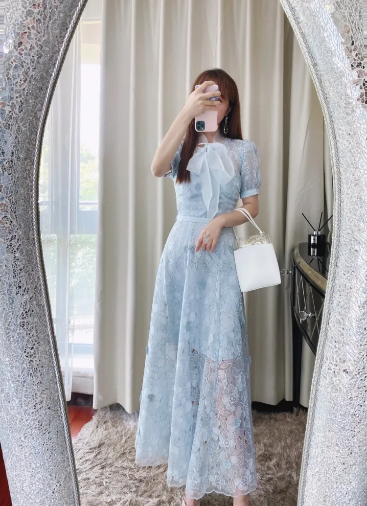 New S-elf - Portrait Mist Blue 3D Flower Bow Tie Up Dress Long Dress Organza Hollow Embroidery