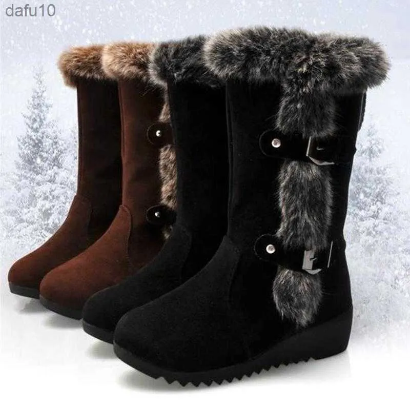 New Winter Women Boots Casual Warm Fur Mid-Calf Boots Shoes Women Slip-On Round Toe Wedges Snow Boots Shoes Muje Plus Size 42 L230704