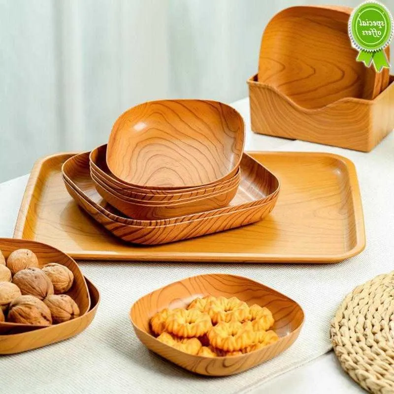 PP Kitchen Plate Wood Grain Plastic Square Dried Fruit Cake Snack Plates Snack Tableware Kitchen Bowl Dish Dinnerware