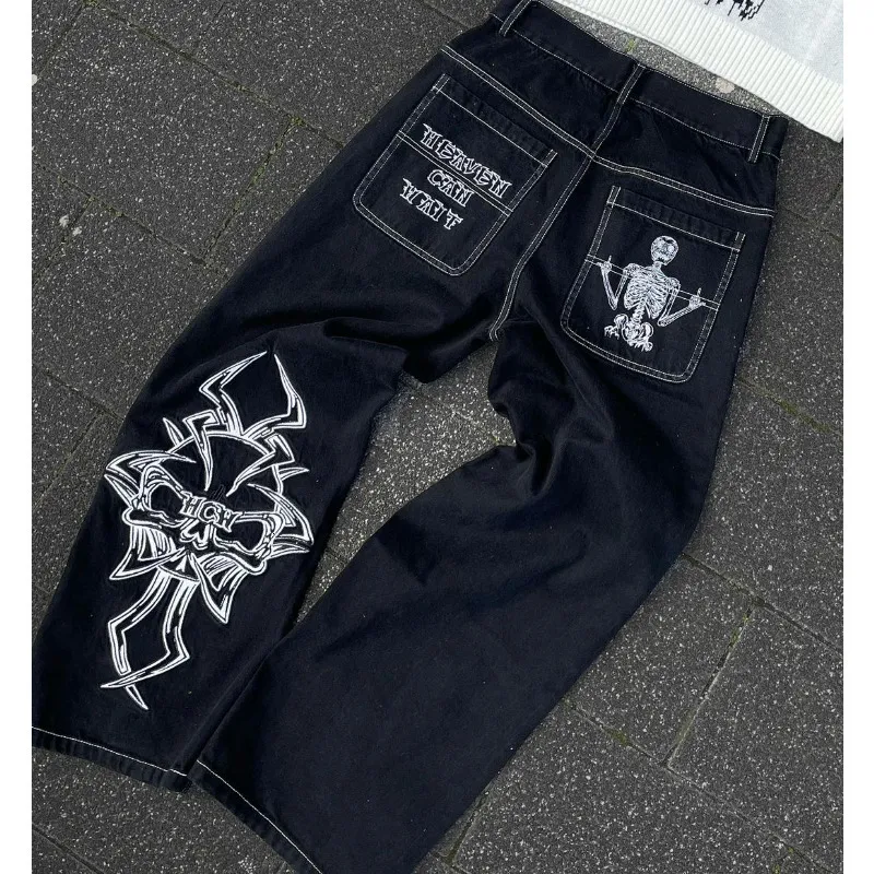 Jeans män Y2k Svart Retro Skull demon Demon Washed Herr High Street Rea Baggy Dam Hip Hop Stretch Midja Byxor 230712