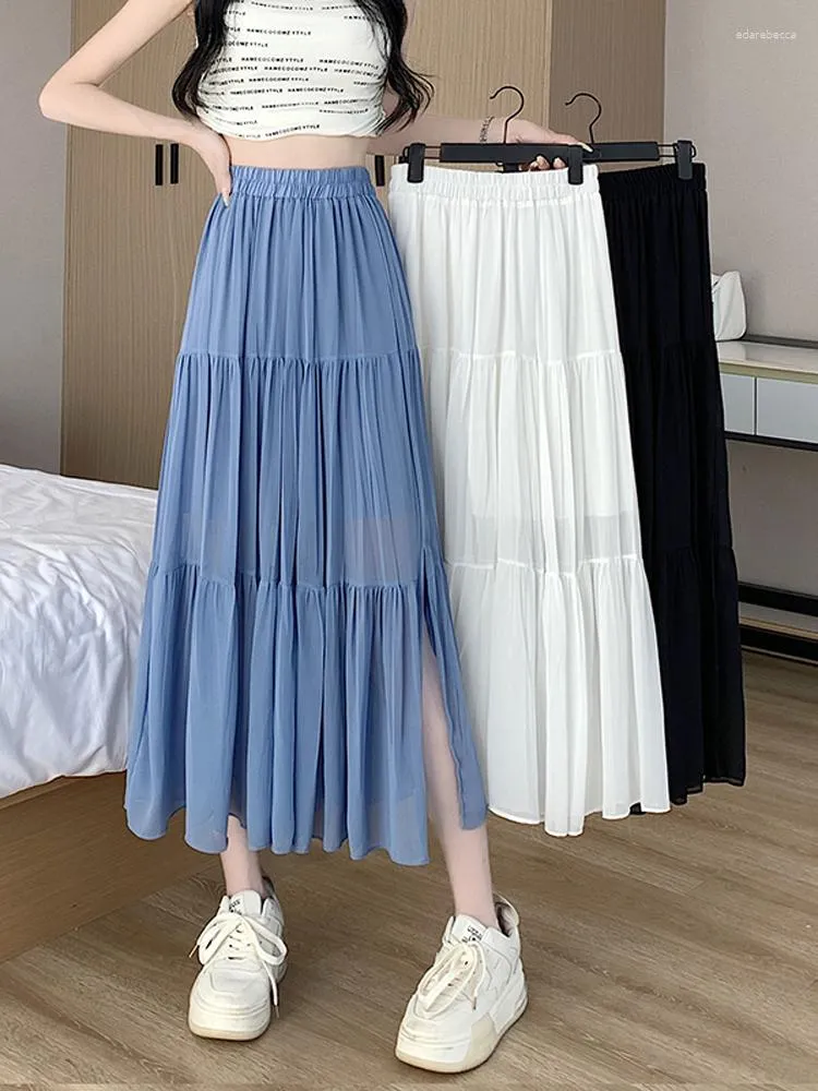 Kjolar midi long denim kjol kvinnor 2023 sommar vintage casual solid all-match a line hög midja mid-längd jeans kvinna