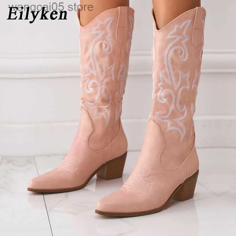 Boots Eilyken Designer Boots High Boots Women Pointed Toe Fashion Handmange Mase Western Western Cowboy Booties High Heel Female Shoes T230713