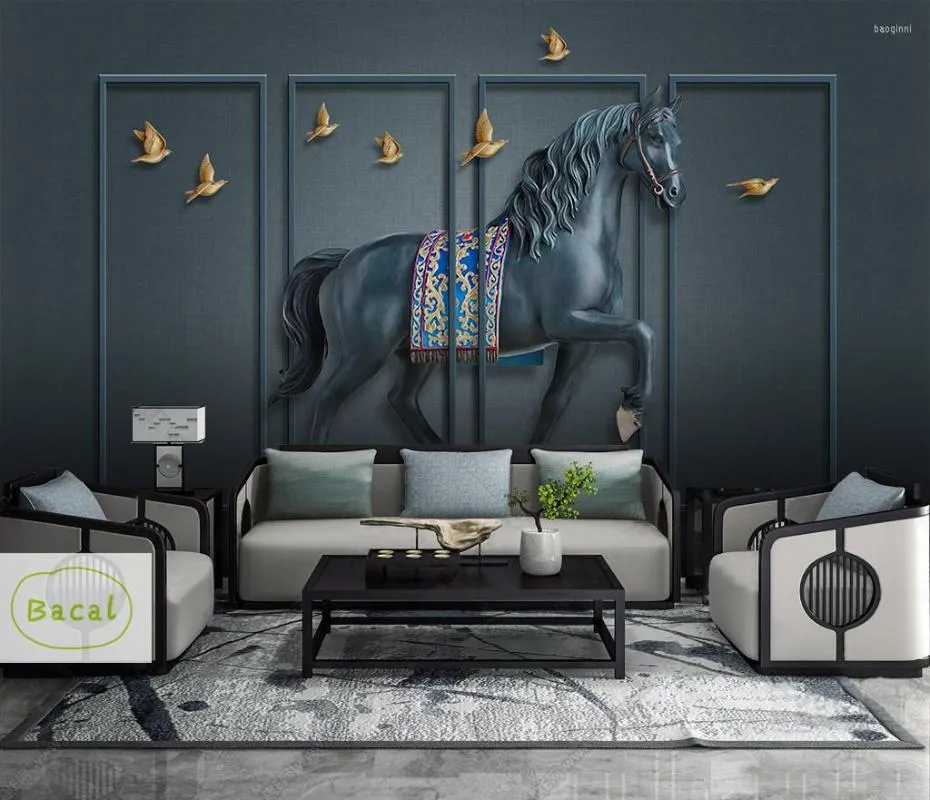 Fonds d'écran Bacal Noir 3D Papier Peint Européen Mural De Luxe Classique Animal Papier Peint Salon TV Fond Décor Cheval Peintures Murales Pour Les Murs