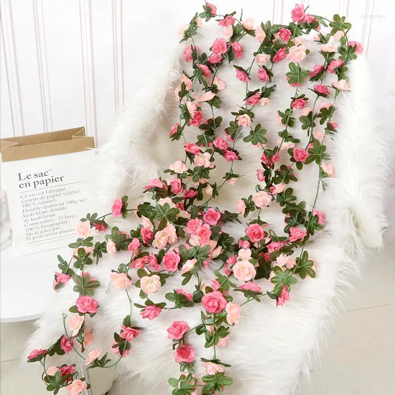 Flores decorativas 240 cm de rosa artificial videira pendurada guirlanda falsa planta de planta de casamento de casamentos de festas arco decoração decoração de quarto de casa
