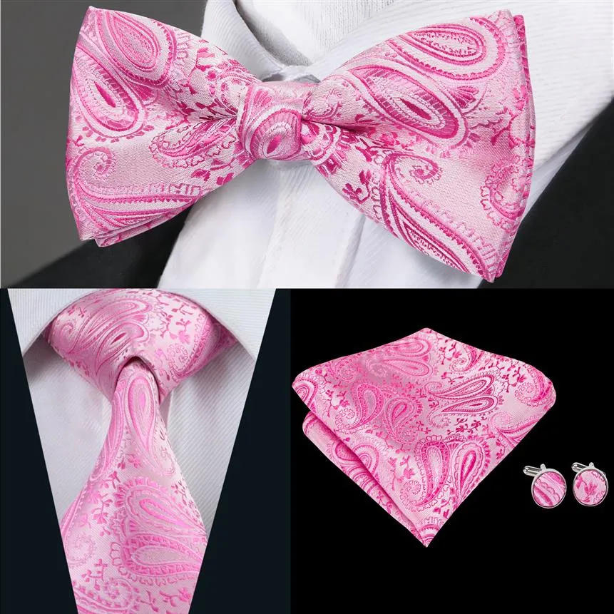 Hi-Tie Fashion Mens Tie Pink Floral Bowtie vävd med näsduk manschettknappar för mens bröllopsklänning kostym LH-0702 D-0379257Q