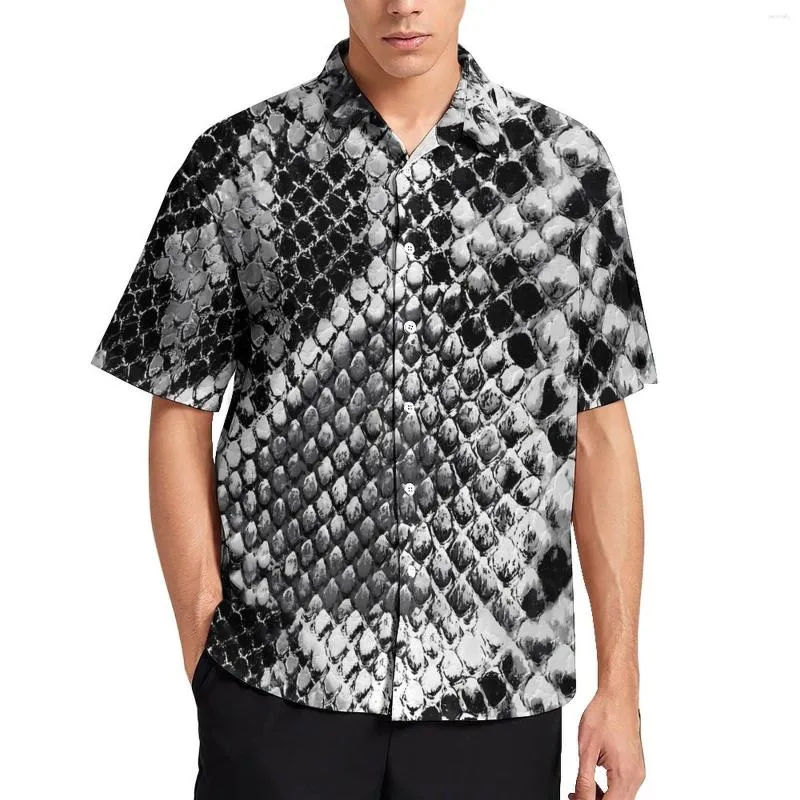 Camisas casuais masculinas Camisa de férias com estampa de pele de cobra Preto e cinza Blusas masculinas de verão Y2K Manga curta roupas gráficas Plus Size