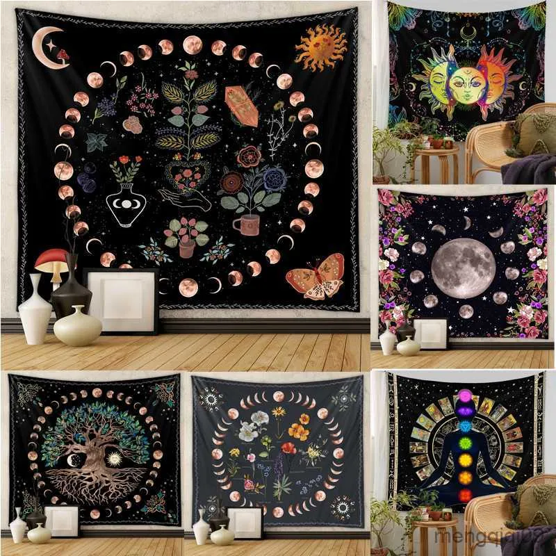 Arazzi Moon Phase Tapestry Wall Hanging Bianco Nero Colorful Sun Mandala Tapestry Wall Hanging Celestial Wall Tapestry Hippie Wall Carp R230713