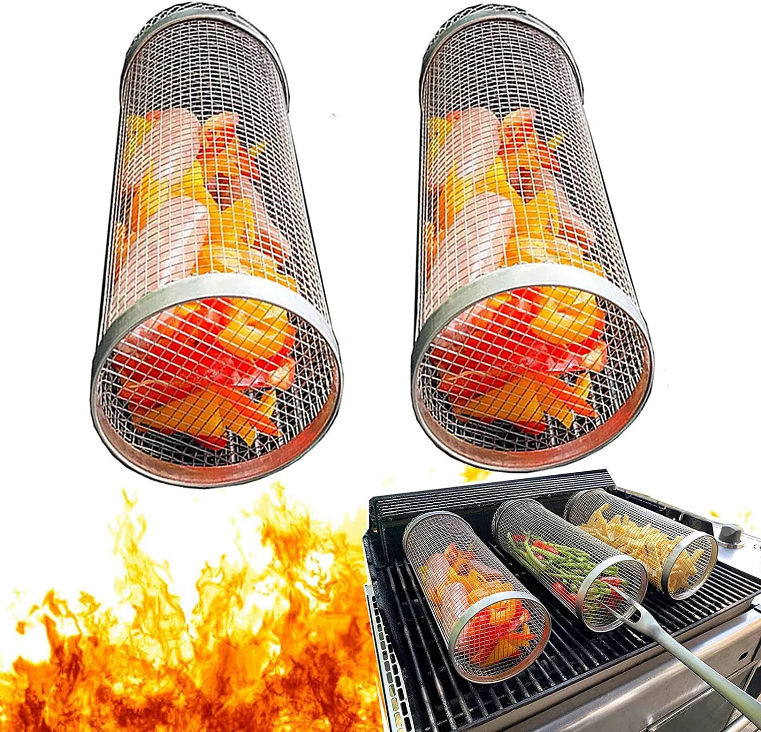 Outils de barbecue Accessoires Rouler Griller Panier Le plus grand jamais rond en acier inoxydable Grille de barbecue Grille de camping Grille de barbecue pour légumes Frites Poisson 230712