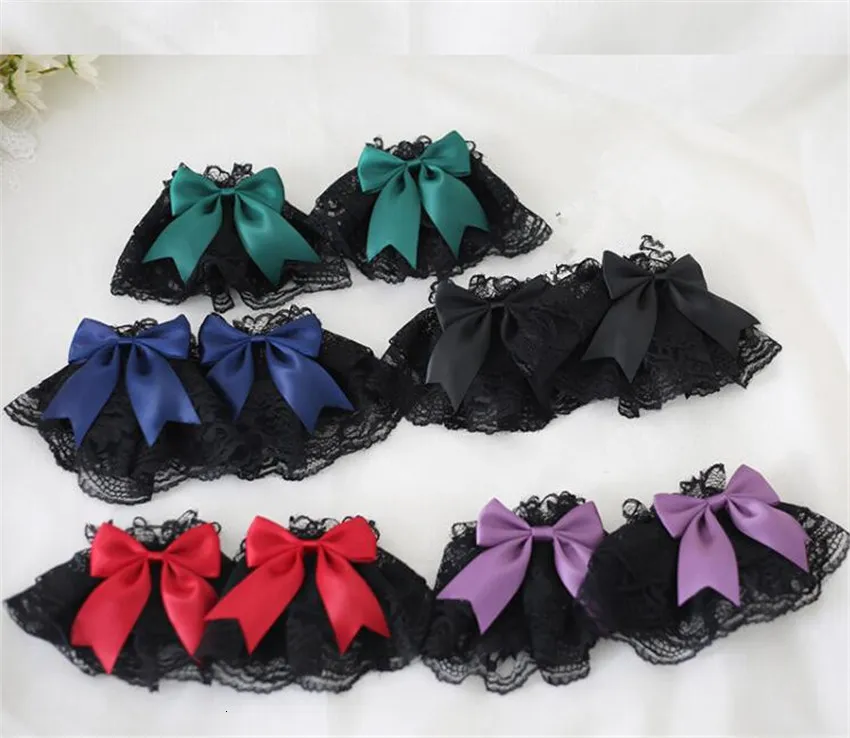 Luvas de cinco dedos preto gótico lolita mão punhos de pulso bowknot lacetrim empregada cosplay acessórios para festa de menina feminina b1786 230712