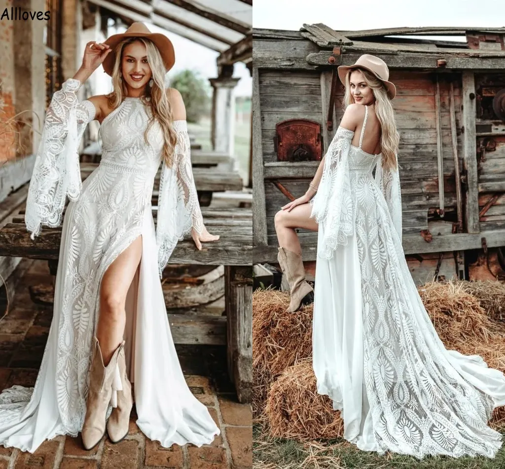 Hippie Cowgirl Country Style Wedding Dress: Bohemian Lace, Flare Long  Sleeves, Sexy Side Slit, Sweep Train, Halter Neck, Plus Size Retro Bridal  Gown