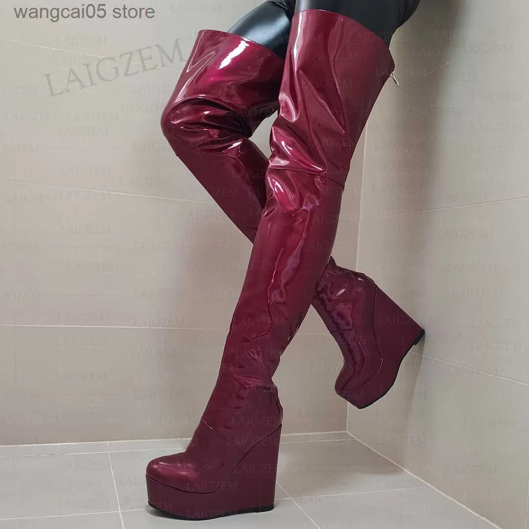 Boots Women Thigh High Boots Round Toe Back Zip Up Boots Wedges Full Zipper Boots Over Knee Shoes Woman Big Size 38 42 44 52 T230713