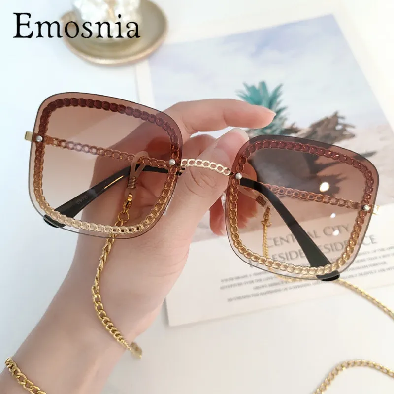 Emosnia, gafas de sol cuadradas de lujo para mujer, decoración de diamantes de imitación, cadena de marca Retro, marco de Metal, gafas de sol para mujer UV400
