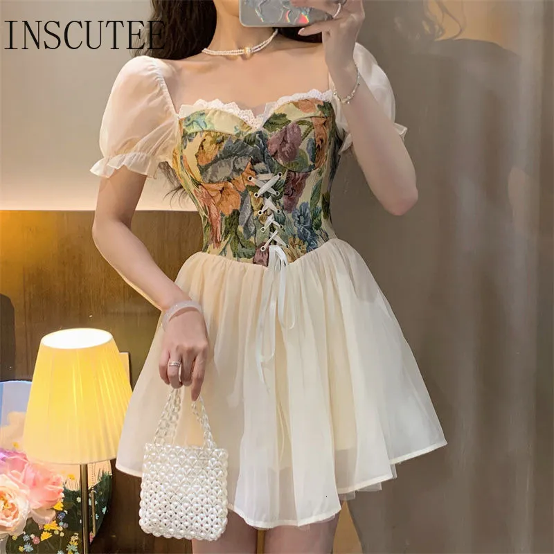 Cottagecore Sweet Princess Dress Women Puff Sleeve Floral Print Patchwork  Bandage Corset Above Knee Mini Dress from Dhgate Urban Sexy Dresses - price  32.65