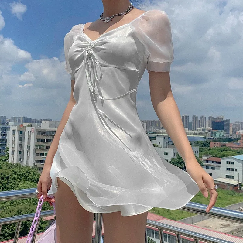 Summer Sexy Sweet Silk Puff Sleeve Suspender Skirt High Waist Fairy Dress  from Dhgate Basic & Casual Dresses - price 26.53
