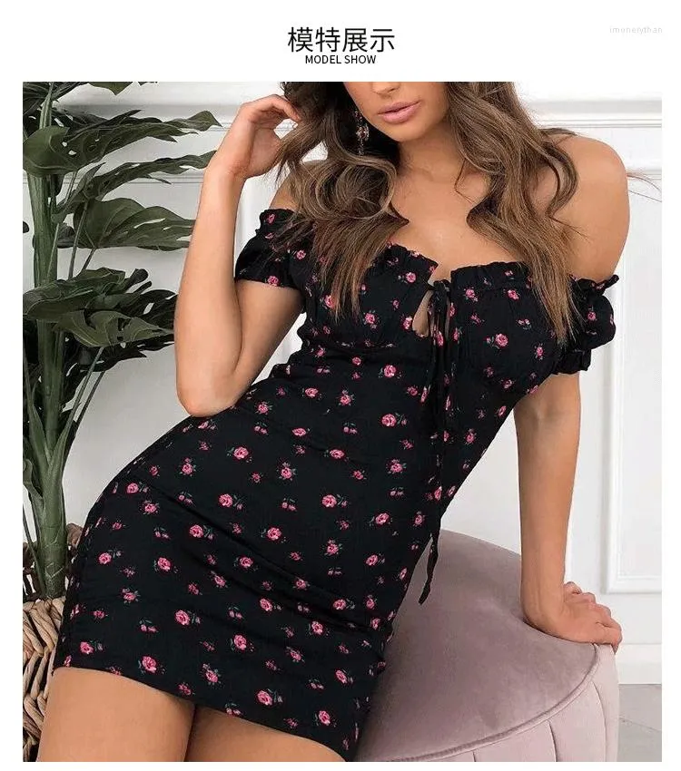 Casual Dresses Floral Wrap Off Shoulder Tie Front Ruffle Cleated Mini Dress Summer Office Lady Slash Neck Pencil Kort kjol