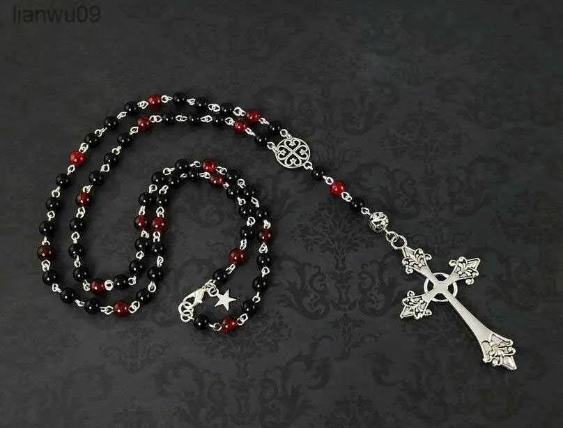 Red Black Gothic Rosary Necklace Long Gothic Cross Necklace Beaded Romantic Goth Necklace L230704