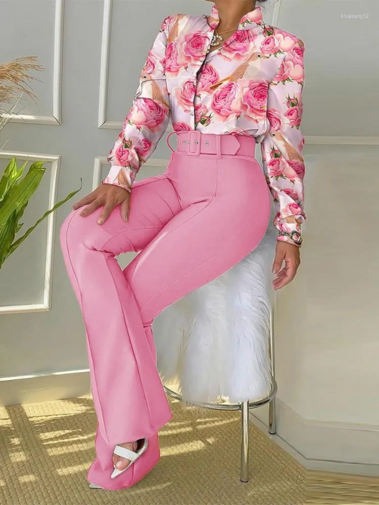 Pantalones De Dos Piezas Para Mujer, Conjuntos Elegantes De Pantalón Para  Mujer, Blusa Básica De Manga Larga Con Estampado De Letras Florales Y  Pantalón De Pierna Ancha Formal De Trabajo De Negocios