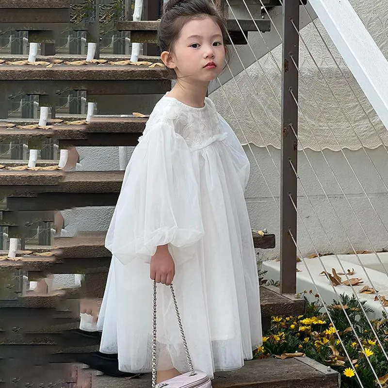 Robes de fille Filles Mesh White Princess Vestidos Jupe tutu à manches longues pour enfants Prom Piano Performance Costumes Party Host Robe de soirée