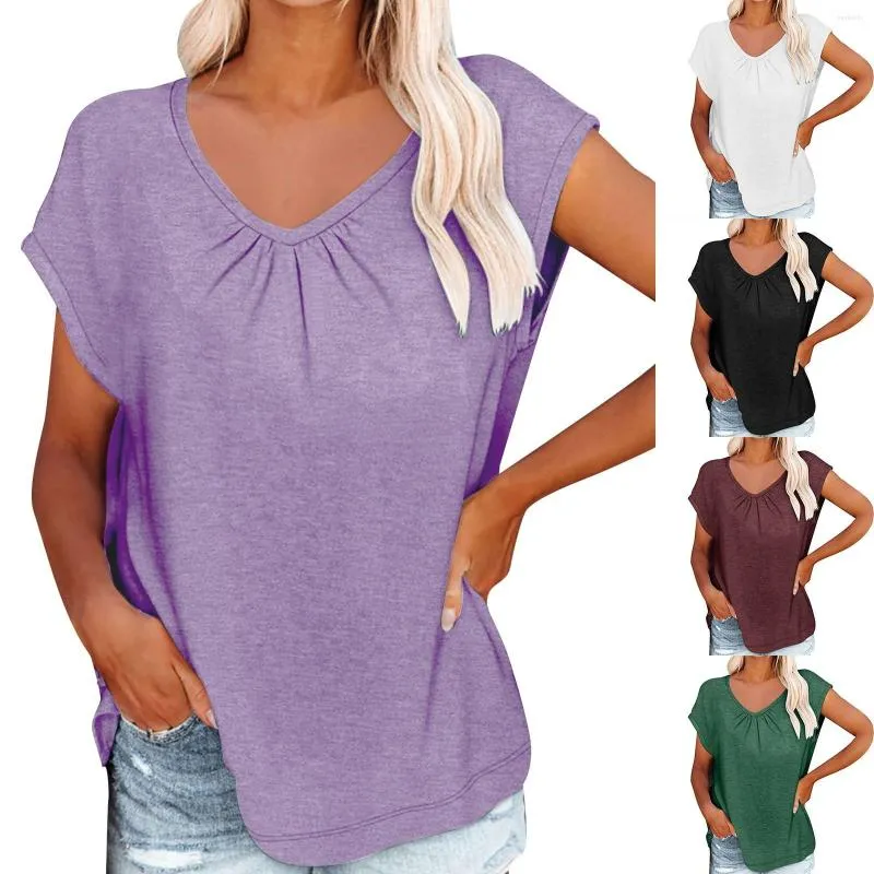 T-shirts pour femmes plissés en V Couleur de couleur décontractée en vrac à manches courtes à manches longues extra-longue superficies soyeuses tops haut pour femmes en été