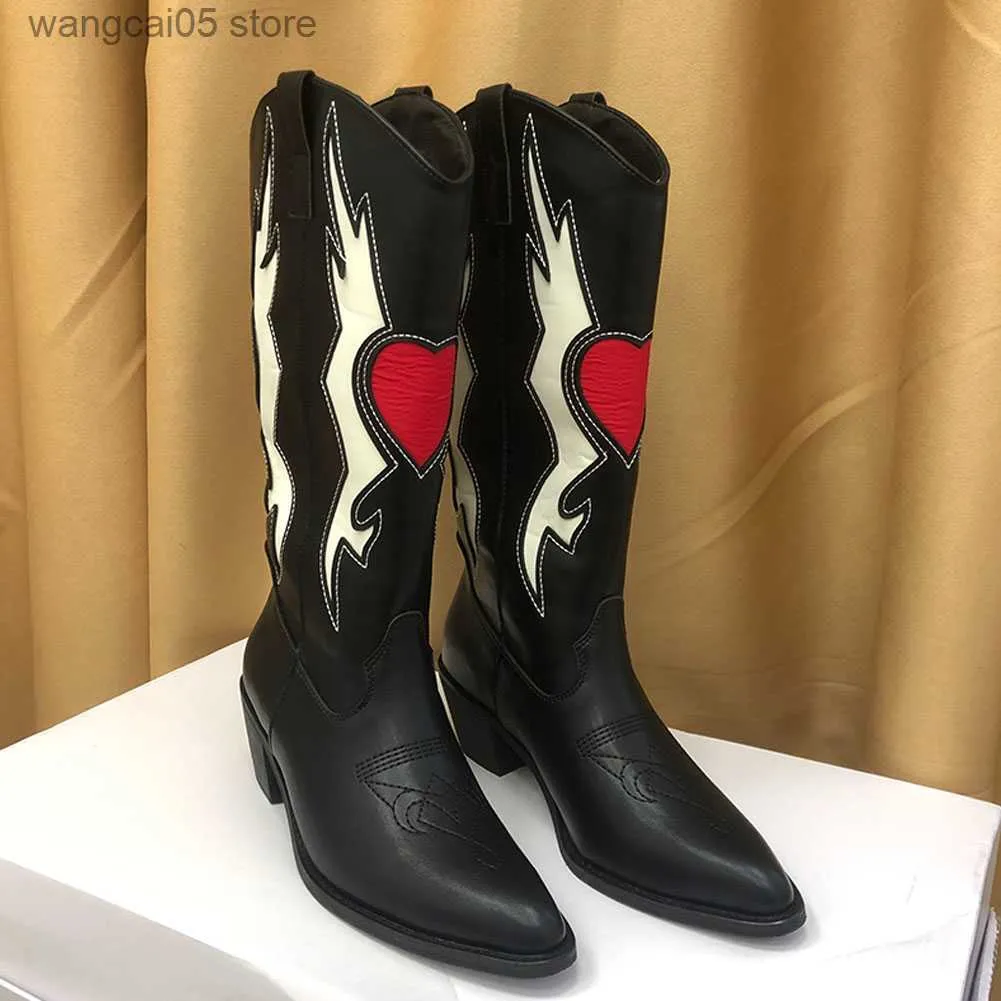 Botas BONJOMARISA Feminino Love Heart Mid Calf Boots Para Mulheres Cowgirls Cowboy Chunky Heel Moda Vintage Punk Western Botas Femininas T230713