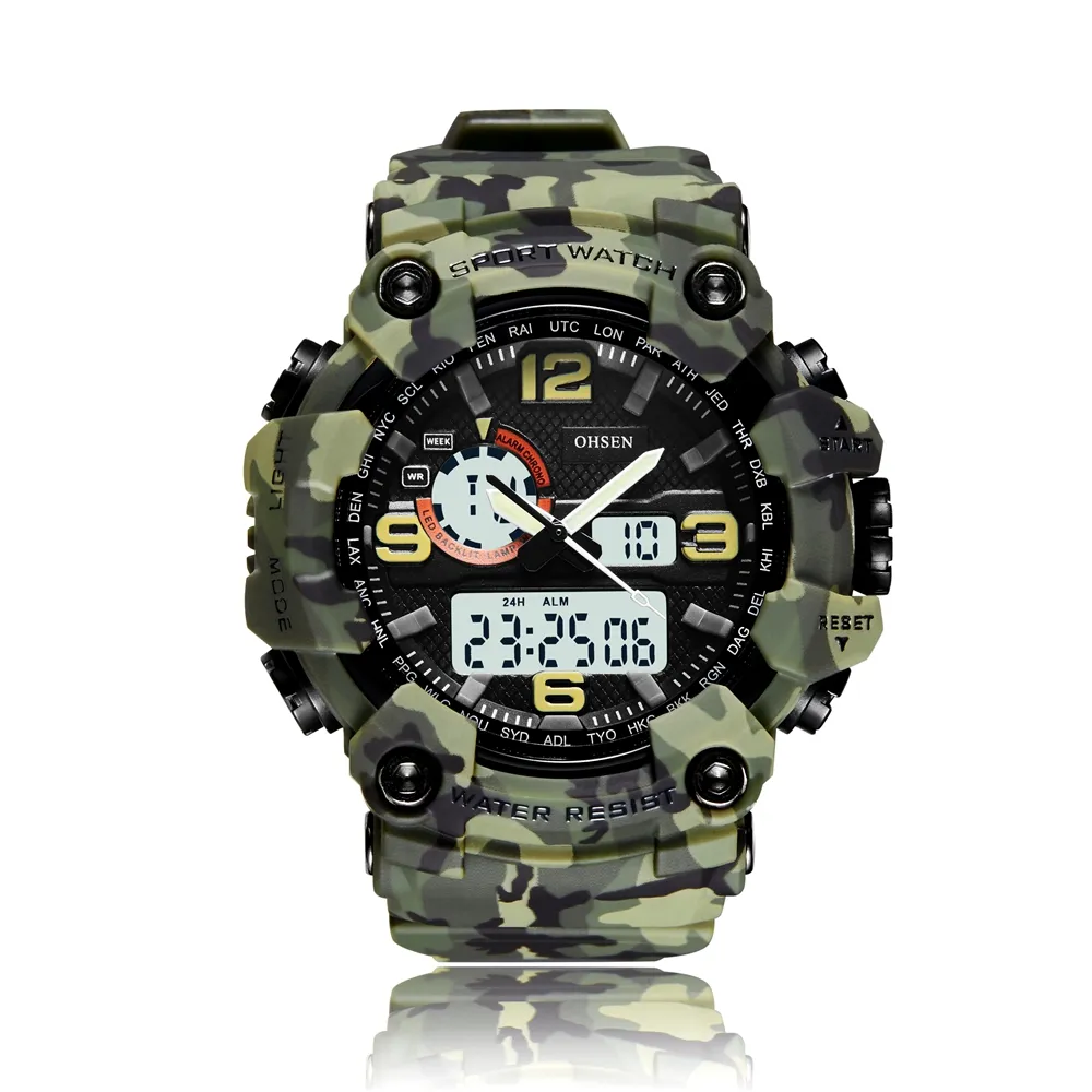 OHSEN Men Watch Quartz Digital Dual time Camouflage Green Sport Orologi da polso 50m Waterproof Led Male Diver Orologi reloj hombre