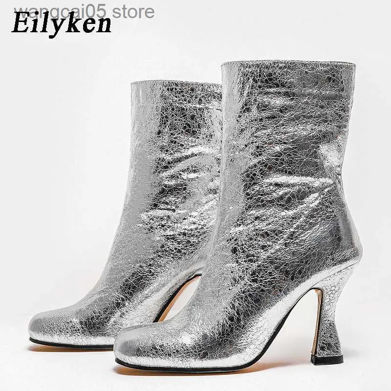 Boots Eilyken Fashion Design Round Toe Women Ankle Boots High Heels Green Silver Sexy Nightclub Slip On Lady Chelsea Shoes Handmade T230713