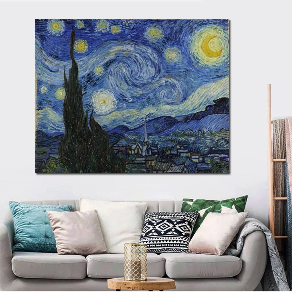 Arte em tela texturizada pintada à mão Noite estrelada Vii Vincent Van Gogh Pintura natureza morta Decoração de sala de jantar