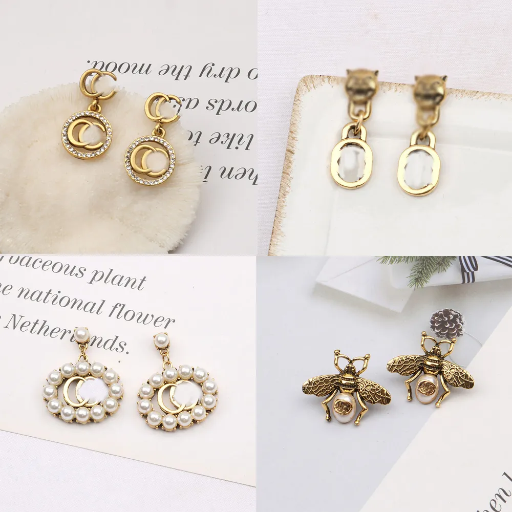 Orecchini a bottone con lettere di lusso in oro 18 carati placcato in argento 925 con diamanti a forma di ape geometrica donne famose designer di marca orecchini di perle di cristallo gioielli per feste Eardrop