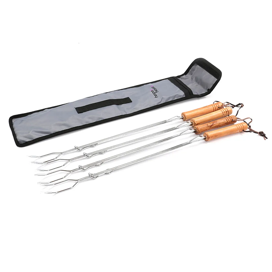 Accessori per utensili per barbecue 4 pezzi Spiedini per barbecue Manico lungo Kebab Griglia per barbecue Bastone per barbecue in legno Forchetta per arrosti allungabile Acciaio inossidabile Ago per griglia all'aperto 230712