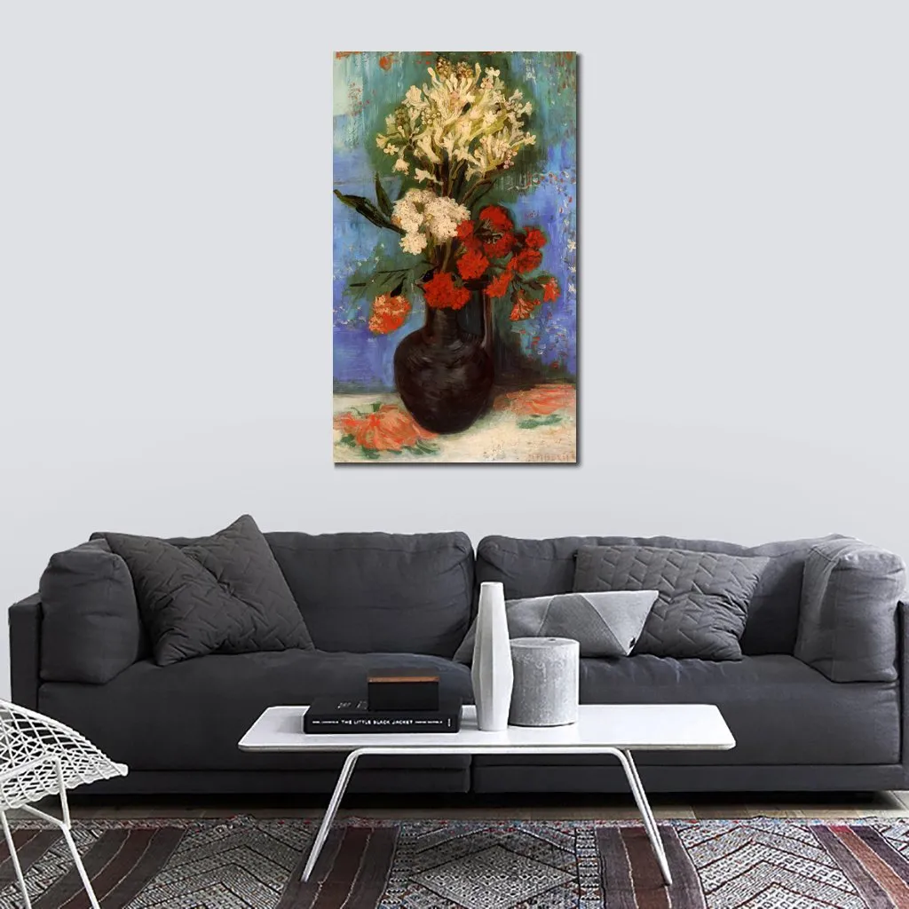 Impressionist Canvas Art Vase med nejlikor och andra blommor Vincent Van Gogh målar handgjorda olja Modern Hotelrum Dekor